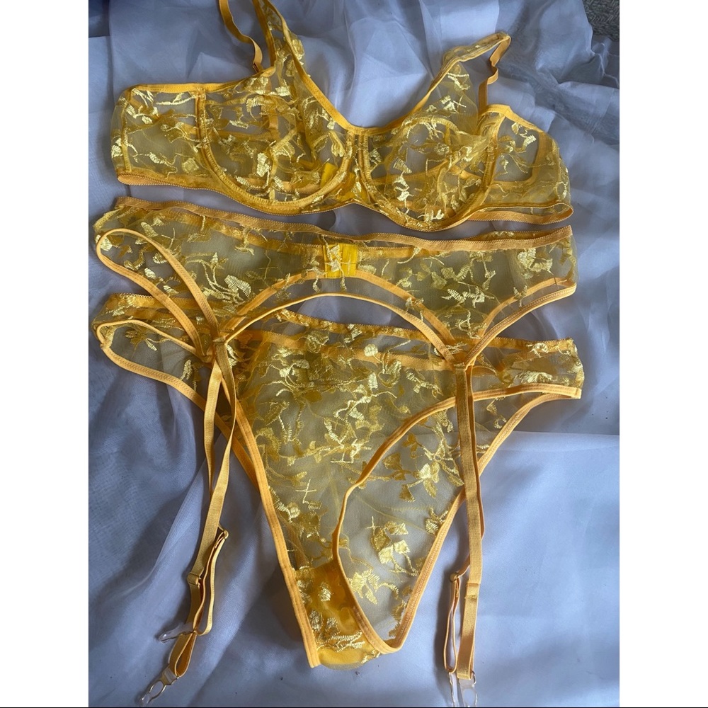 Yellow mesh floral embroidered lingerie set